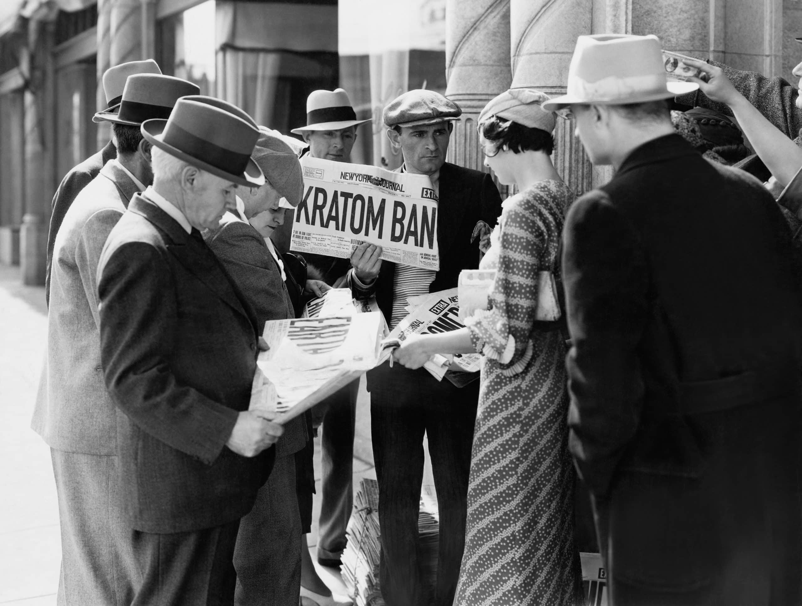 Vintage picture of man holding newspaper that reads "kratom ban"
